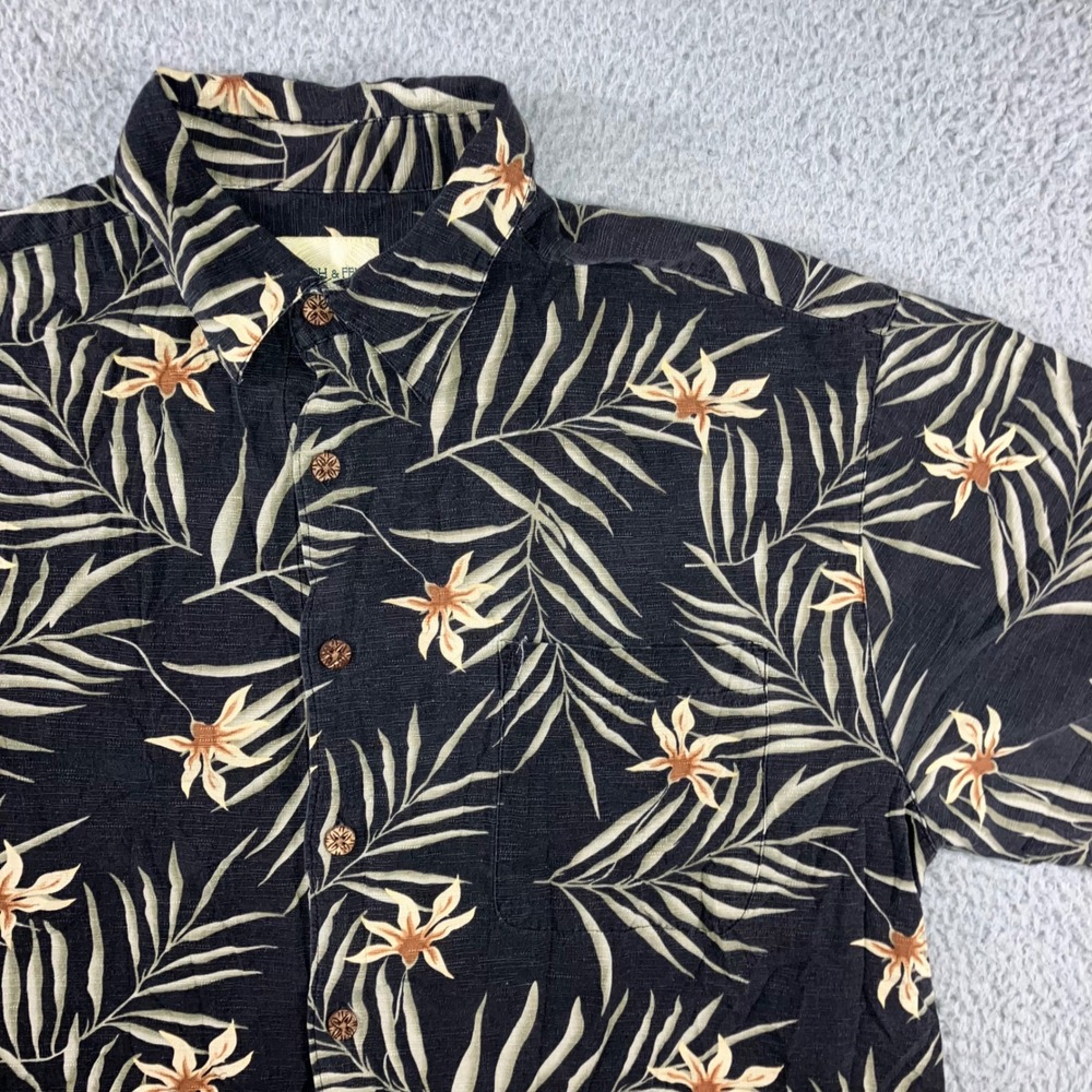Joseph & Feiss Silk Hawaiian Shirt Men L Black Tropical Palm Floral S/S Vacation